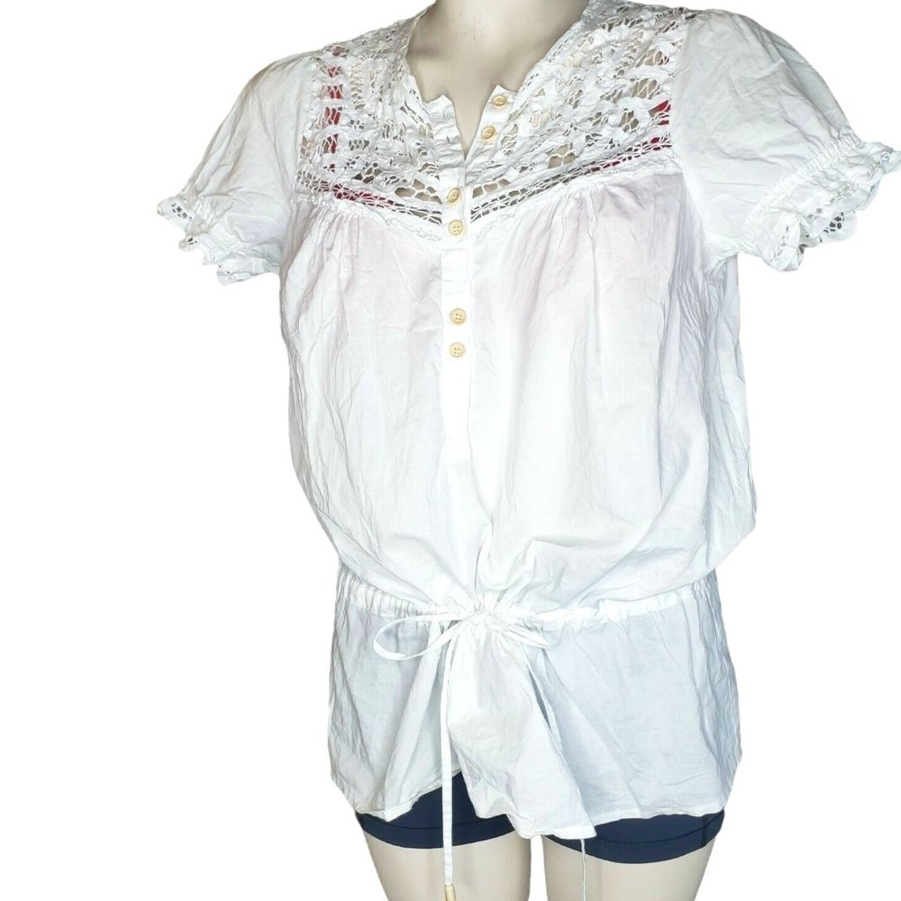 Womens Shirt Top M Crop Button Front Peasant Crochet Festival Boho 100% Cotton